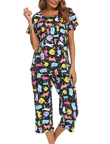 ENJOYNIGHT Schlafanzug Damen Kurz Pyjama Set Kurzarm Top und 3/4 Lange Hose Nachtwäsche (Small,Farben Kat) von ENJOYNIGHT