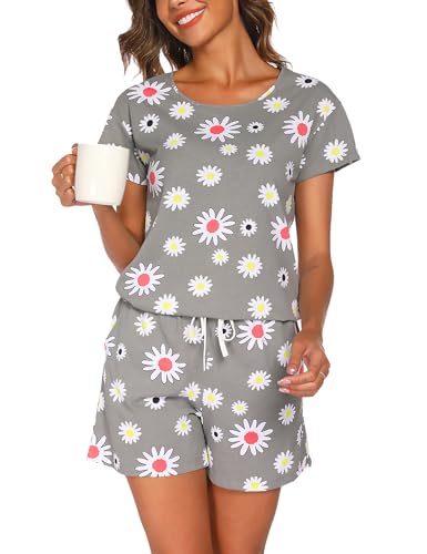 ENJOYNIGHT Schlafanzug Damen Kurz Pyjama Set Baumwolle Kurzarm Top und Kurze Hose Zweiteiliger Nachtwäsche Sommer Hausanzug Loungewear (Large,Graue Blume) von ENJOYNIGHT