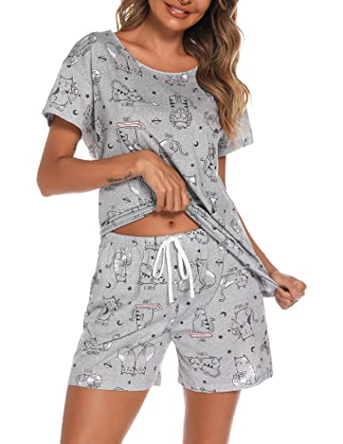 ENJOYNIGHT Schlafanzug Damen Kurz Pyjama Set Baumwolle Kurzarm Top und Kurze Hose Zweiteiliger Nachtwäsche Sommer Hausanzug Loungewear (Medium,Graue Katze) von ENJOYNIGHT