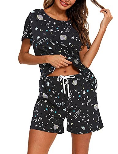 ENJOYNIGHT Schlafanzug Damen Kurz Pyjama Set Baumwolle Kurzarm Top und Kurze Hose Zweiteiliger Nachtwäsche Sommer Hausanzug Loungewear (Medium,Schwarzer Mondstern) von ENJOYNIGHT