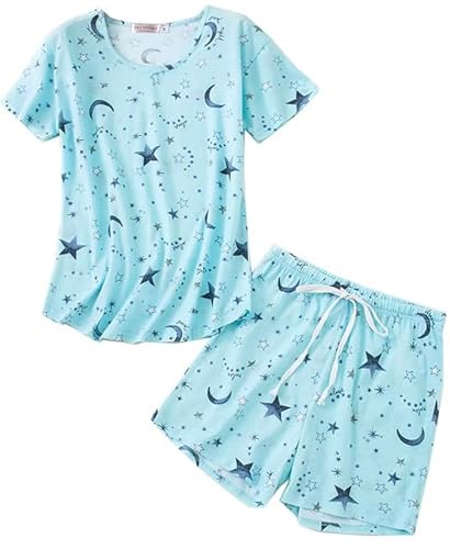 ENJOYNIGHT Schlafanzug Damen Kurz Pyjama Set Baumwolle Kurzarm Top und Kurze Hose Zweiteiliger Nachtwäsche Sommer Hausanzug Loungewear (Medium,Stern) von ENJOYNIGHT