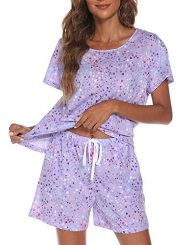 ENJOYNIGHT Schlafanzug Damen Kurz Pyjama Set Baumwolle Kurzarm Top und Kurze Hose Zweiteiliger Nachtwäsche Sommer Hausanzug Loungewear (Small,Lila) von ENJOYNIGHT
