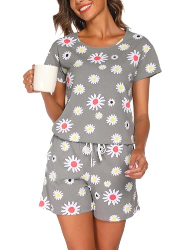 ENJOYNIGHT Schlafanzug Damen Kurz Pyjama Set Baumwolle Kurzarm Top und Kurze Hose Zweiteiliger Nachtwäsche Sommer Hausanzug Loungewear (X-Large,Graue Blume) von ENJOYNIGHT