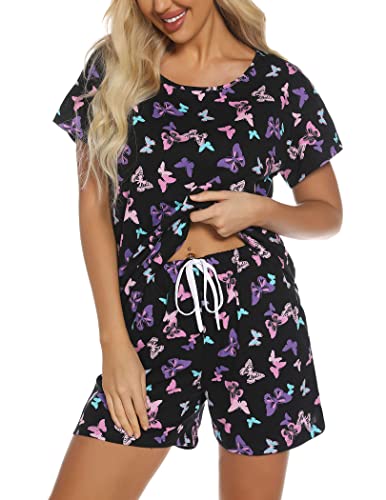 ENJOYNIGHT Schlafanzug Damen Kurz Pyjama Set Baumwolle Kurzarm Top und Kurze Hose Zweiteiliger Nachtwäsche Sommer Hausanzug Loungewear (X-Large,Schwarzer Schmetterling) von ENJOYNIGHT