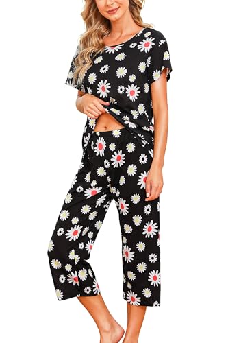 ENJOYNIGHT Schlafanzug Damen Kurz Pyjama Set Baumwolle Nachtwäsche Kurzarm-Top und 3/4 Lange Hose Hausanzug Sommer Sleepwear (3X-Large,Schwarze Blume) von ENJOYNIGHT