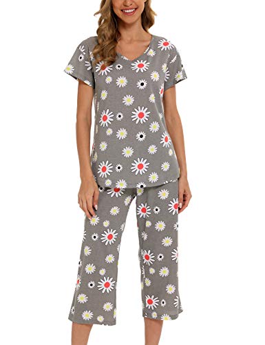 ENJOYNIGHT Schlafanzug Damen Kurz Pyjama Set Baumwolle Nachtwäsche Kurzarm-Top und 3/4 Lange Hose Hausanzug Sommer Sleepwear (Large,Graue Blume) von ENJOYNIGHT