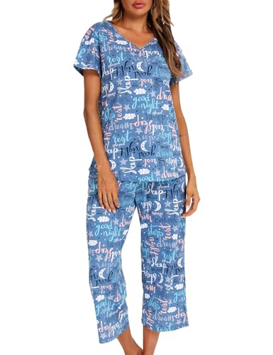 ENJOYNIGHT Schlafanzug Damen Kurz Pyjama Set Baumwolle Nachtwäsche Kurzarm-Top und 3/4 Lange Hose Hausanzug Sommer Sleepwear (Small,Blau) von ENJOYNIGHT