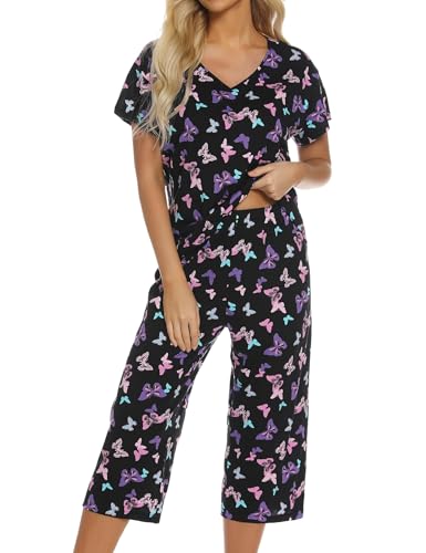 ENJOYNIGHT Schlafanzug Damen Kurz Pyjama Set Baumwolle Nachtwäsche Kurzarm-Top und 3/4 Lange Hose Hausanzug Sommer Sleepwear (X-Large,Schwarzer Falter) von ENJOYNIGHT