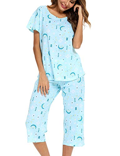 ENJOYNIGHT Schlafanzug Damen Kurz Pyjama Set Baumwolle Nachtwäsche Kurzarm-Top und 3/4 Lange Hose Hausanzug Sommer Sleepwear (XX-Large,Blauer Mond) von ENJOYNIGHT