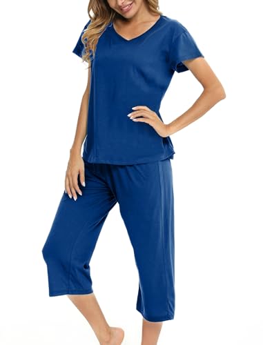 ENJOYNIGHT Schlafanzug Damen Kurz Pyjama Set Kurzarm Top mit 3/4 Lang Schlafhose Zweiteiliger Nachtwäsche S-3XL (3X-Large,Einfarbig-Dunkelblau) von ENJOYNIGHT