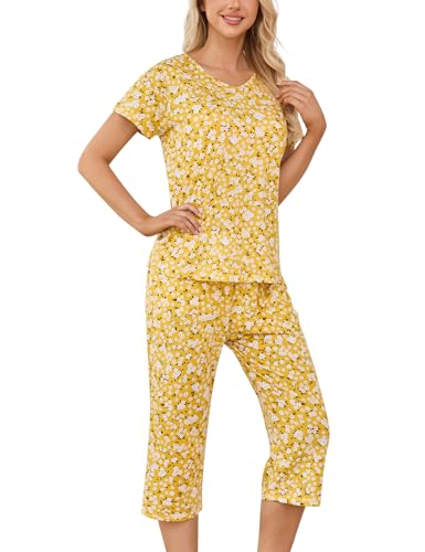 ENJOYNIGHT Schlafanzug Damen Kurz Pyjama Set Kurzarm Top mit 3/4 Lang Schlafhose Zweiteiliger Nachtwäsche S-3XL (3X-Large,Gelbe Blume) von ENJOYNIGHT