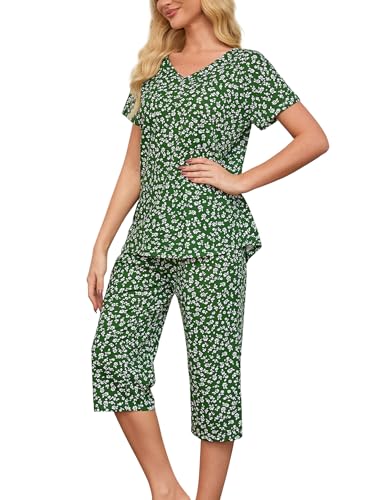 ENJOYNIGHT Schlafanzug Damen Kurz Pyjama Set Kurzarm Top mit 3/4 Lang Schlafhose Zweiteiliger Nachtwäsche S-3XL (3X-Large,Grüne Blume) von ENJOYNIGHT