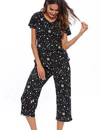 ENJOYNIGHT Schlafanzug Damen Kurz Pyjama Set Kurzarm Top mit 3/4 Lang Schlafhose Zweiteiliger Nachtwäsche S-3XL (3X-Large,Schwarzer Mondstern) von ENJOYNIGHT