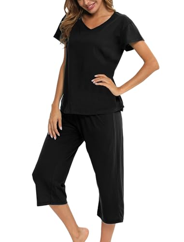 ENJOYNIGHT Schlafanzug Damen Kurz Pyjama Set Kurzarm Top mit 3/4 Lang Schlafhose Zweiteiliger Nachtwäsche S-3XL (Large,Einfarbig-Schwarz) von ENJOYNIGHT