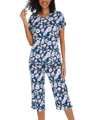 ENJOYNIGHT Schlafanzug Damen Kurz Pyjama Set Kurzarm Top mit 3/4 Lang Schlafhose Zweiteiliger Nachtwäsche S-3XL (Medium,Dunkelblaue Blume) von ENJOYNIGHT