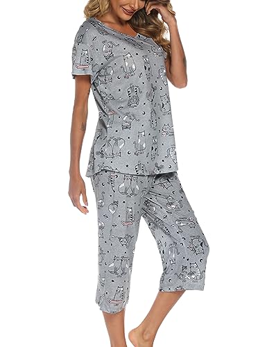 ENJOYNIGHT Schlafanzug Damen Kurz Pyjama Set Kurzarm Top mit 3/4 Lang Schlafhose Zweiteiliger Nachtwäsche S-3XL (Medium,Katze) von ENJOYNIGHT