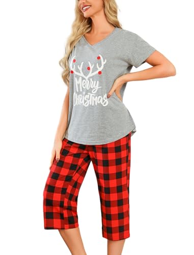 ENJOYNIGHT Schlafanzug Damen Kurz Pyjama Set Kurzarm Top mit 3/4 Lang Schlafhose Zweiteiliger Nachtwäsche S-3XL (Medium,Rotes Gitter) von ENJOYNIGHT