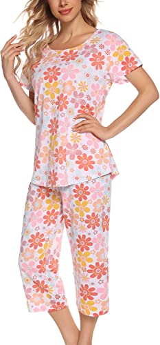 ENJOYNIGHT Schlafanzug Damen Kurz Pyjama Set Kurzarm Top mit 3/4 Lang Schlafhose Zweiteiliger Nachtwäsche S-3XL (X-Large,Rosa Blume) von ENJOYNIGHT