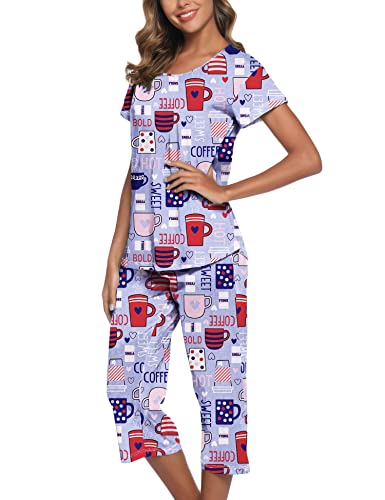 ENJOYNIGHT Schlafanzug Damen Kurz Pyjama Set Kurzarm Top und 3/4 Lange Hose Nachtwäsche (Large,Lila Tasse) von ENJOYNIGHT