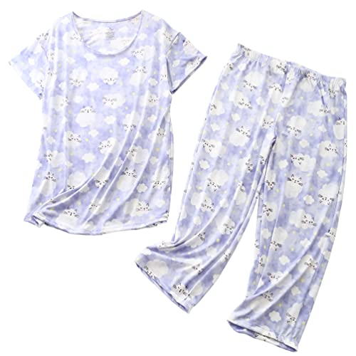 ENJOYNIGHT Schlafanzug Damen Kurz Pyjama Set Kurzarm Top und 3/4 Lange Hose Nachtwäsche (Large,Lila Wolke) von ENJOYNIGHT