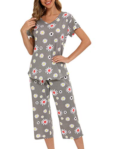 ENJOYNIGHT Schlafanzug Damen Kurz Pyjama Set Kurzarm Top und 3/4 Lange Hose Nachtwäsche (Small,Blume) von ENJOYNIGHT