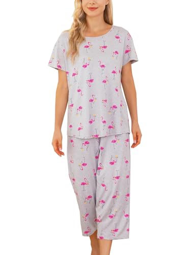 ENJOYNIGHT Schlafanzug Damen Kurz Pyjama Set Kurzarm Top und 3/4 Lange Hose Nachtwäsche (X-Large,Grauer Flamingo) von ENJOYNIGHT