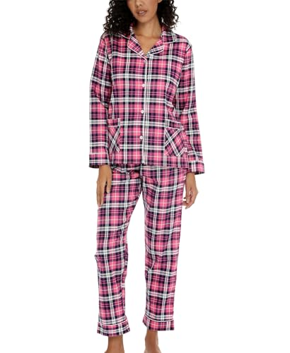 ENJOYNIGHT Schlafanzug Damen Lang Baumwolle Flanell Pyjama Set Zweiteiliger Nachtwäsche Langarm Knopfleiste Lounge Set (Large,Rosa Kariert) von ENJOYNIGHT