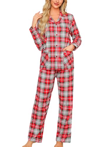 ENJOYNIGHT Schlafanzug Damen Lang Baumwolle Flanell Pyjama Set Zweiteiliger Nachtwäsche Langarm Knopfleiste Lounge Set (Large,Rot+Weiß) von ENJOYNIGHT