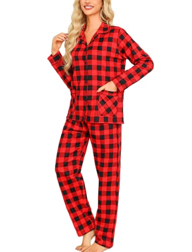 ENJOYNIGHT Schlafanzug Damen Lang Baumwolle Flanell Pyjama Set Zweiteiliger Nachtwäsche Langarm Knopfleiste Lounge Set (Large,Rot Kariert) von ENJOYNIGHT
