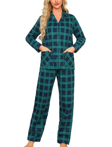 ENJOYNIGHT Schlafanzug Damen Lang Baumwolle Flanell Pyjama Set Zweiteiliger Nachtwäsche Langarm Knopfleiste Lounge Set (Medium,Grün+Blaut) von ENJOYNIGHT