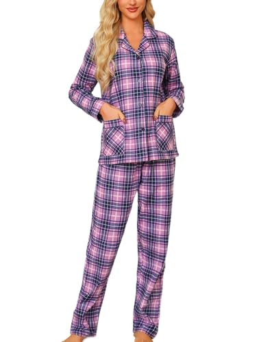 ENJOYNIGHT Schlafanzug Damen Lang Baumwolle Flanell Pyjama Set Zweiteiliger Nachtwäsche Langarm Knopfleiste Lounge Set (Small,Lila Kariert) von ENJOYNIGHT