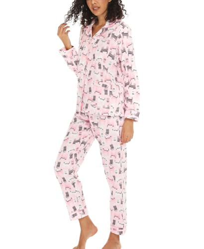 ENJOYNIGHT Schlafanzug Damen Lang Baumwolle Flanell Pyjama Set Zweiteiliger Nachtwäsche Langarm Knopfleiste Lounge Set (X-Large,Rosa Katze) von ENJOYNIGHT