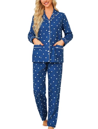 ENJOYNIGHT Schlafanzug Damen Lang Baumwolle Flanell Pyjama Set Zweiteiliger Nachtwäsche Langarm Knopfleiste Lounge Set (X-Small,Blaue Tupfen) von ENJOYNIGHT