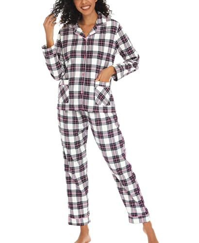 ENJOYNIGHT Schlafanzug Damen Lang Baumwolle Flanell Pyjama Set Zweiteiliger Nachtwäsche Langarm Knopfleiste Lounge Set (X-Small,Kariert) von ENJOYNIGHT