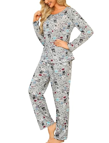 ENJOYNIGHT Schlafanzug Damen Lang Pyjama Set Baumwolle Langarm Nachtwäsche Zweiteiliger Hausanzug mit Taschen (Large,Grauer Hund) von ENJOYNIGHT