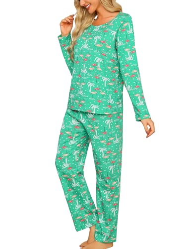 ENJOYNIGHT Schlafanzug Damen Lang Pyjama Set Baumwolle Langarm Nachtwäsche Zweiteiliger Hausanzug mit Taschen (Large,Grüner Flamingo) von ENJOYNIGHT