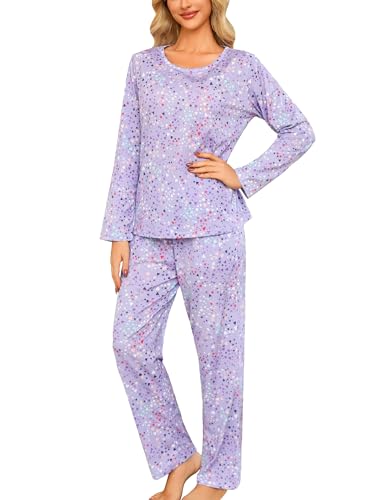 ENJOYNIGHT Schlafanzug Damen Lang Pyjama Set Baumwolle Langarm Nachtwäsche Zweiteiliger Hausanzug mit Taschen (Small,Lila) von ENJOYNIGHT