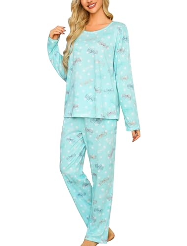 ENJOYNIGHT Schlafanzug Damen Lang Pyjama Set Baumwolle Langarm Nachtwäsche Zweiteiliger Hausanzug mit Taschen (X-Large,Blaues Fliegen) von ENJOYNIGHT