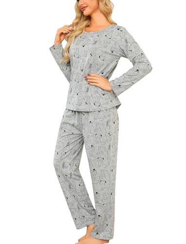 ENJOYNIGHT Schlafanzug Damen Lang Pyjama Set Baumwolle Langarm Nachtwäsche Zweiteiliger Hausanzug mit Taschen (XX-Large,Grau Katze) von ENJOYNIGHT