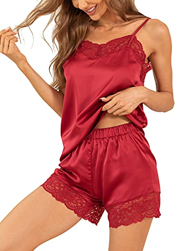 ENJOYNIGHT Schlafanzug Damen Sexy Pyjama Set Satin Nachtwäsche Sommer Kurz Hausanzug Spitzen Cami Top und Shorts Negligee V-Ausschnitt Sleepwear(Large,Rot) von ENJOYNIGHT