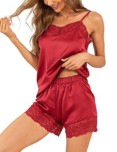 ENJOYNIGHT Schlafanzug Damen Sexy Pyjama Set Satin Nachtwäsche Sommer Kurz Hausanzug Spitzen Cami Top und Shorts Negligee V-Ausschnitt Sleepwear(Medium,Rot) von ENJOYNIGHT