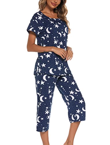 ENJOYNIGHT Schlafanzug Damen Kurz Pyjama Set Kurzarm Top mit 3/4 Lang Schlafhose Zweiteiliger Nachtwäsche S-3XL (3X-Large,Dunkelblaue-Sterne) von ENJOYNIGHT