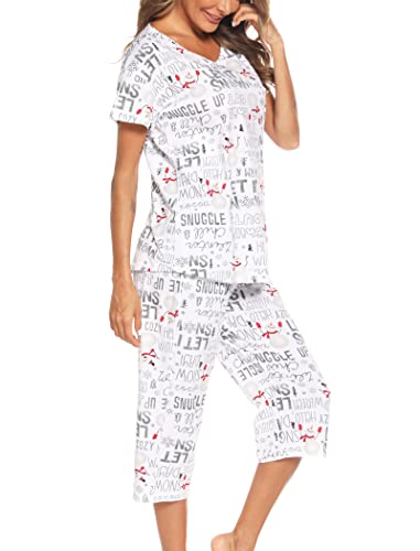 ENJOYNIGHT Schlafanzug Damen Kurz Pyjama Set Kurzarm Top mit 3/4 Lang Schlafhose Zweiteiliger Nachtwäsche S-3XL (Medium,Weißer Schnee) von ENJOYNIGHT