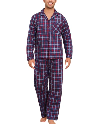 ENJOYNIGHT Schlafanzug Herren Lang Flanell Pyjama Set Baumwolle Winter Zweiteilige Nachtwäsche Kariert Loungewear (Small,Blau Kariert) von ENJOYNIGHT