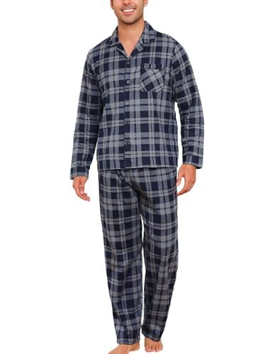 ENJOYNIGHT Schlafanzug Herren Lang Flanell Pyjama Set Baumwolle Winter Zweiteilige Nachtwäsche Kariert Loungewear (X-Large,Hellblau Kariert) von ENJOYNIGHT