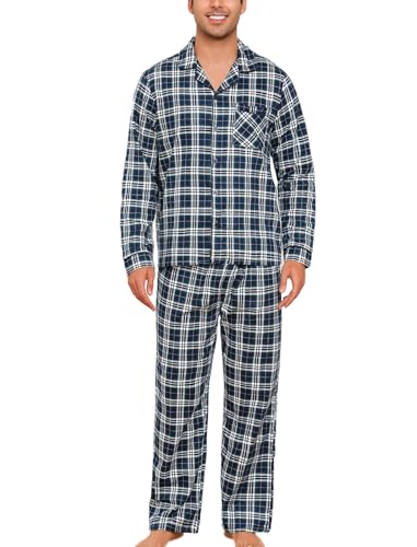 ENJOYNIGHT Schlafanzug Herren Lang Flanell Pyjama Set Baumwolle Winter Zweiteilige Nachtwäsche Kariert Loungewear (X-Large,Schwarz+Grün) von ENJOYNIGHT