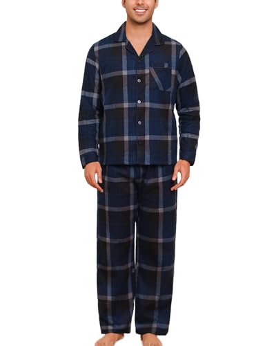 ENJOYNIGHT Schlafanzug Herren Lang Flanell Pyjama Set Baumwolle Winter Zweiteilige Nachtwäsche Kariert Loungewear (X-Large,Schwarz+Marineblau) von ENJOYNIGHT