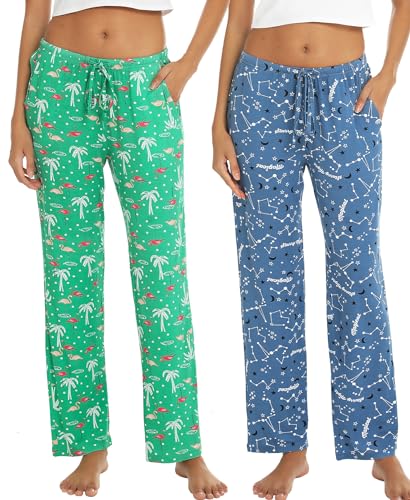 ENJOYNIGHT Schlafanzughose Damen Lang 2-Pack Pyjamahose Modal Schlafhose mit Taschen und Kordelzug (Medium,Blauer Stern+Flamingo) von ENJOYNIGHT