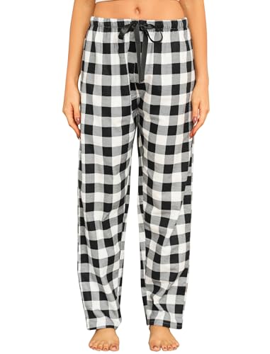 ENJOYNIGHT Schlafanzughose Damen Lang Flanell Pyjamahose Karierte Schlafhose Winter Weich Nachtwäsche Freizeithose mit Kordelzug (Large, Schwarz+Weiß) von ENJOYNIGHT