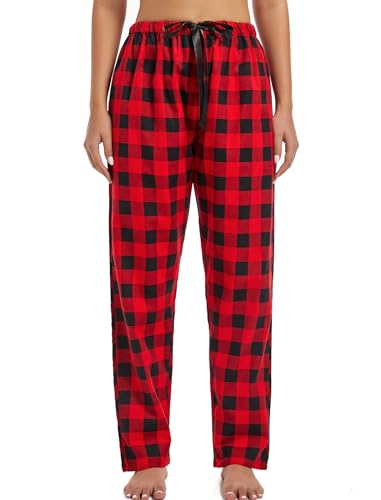 ENJOYNIGHT Schlafanzughose Damen Lang Flanell Pyjamahose Karierte Schlafhose Winter Weich Nachtwäsche Freizeithose mit Kordelzug (Medium, Rot+Schwarz) von ENJOYNIGHT